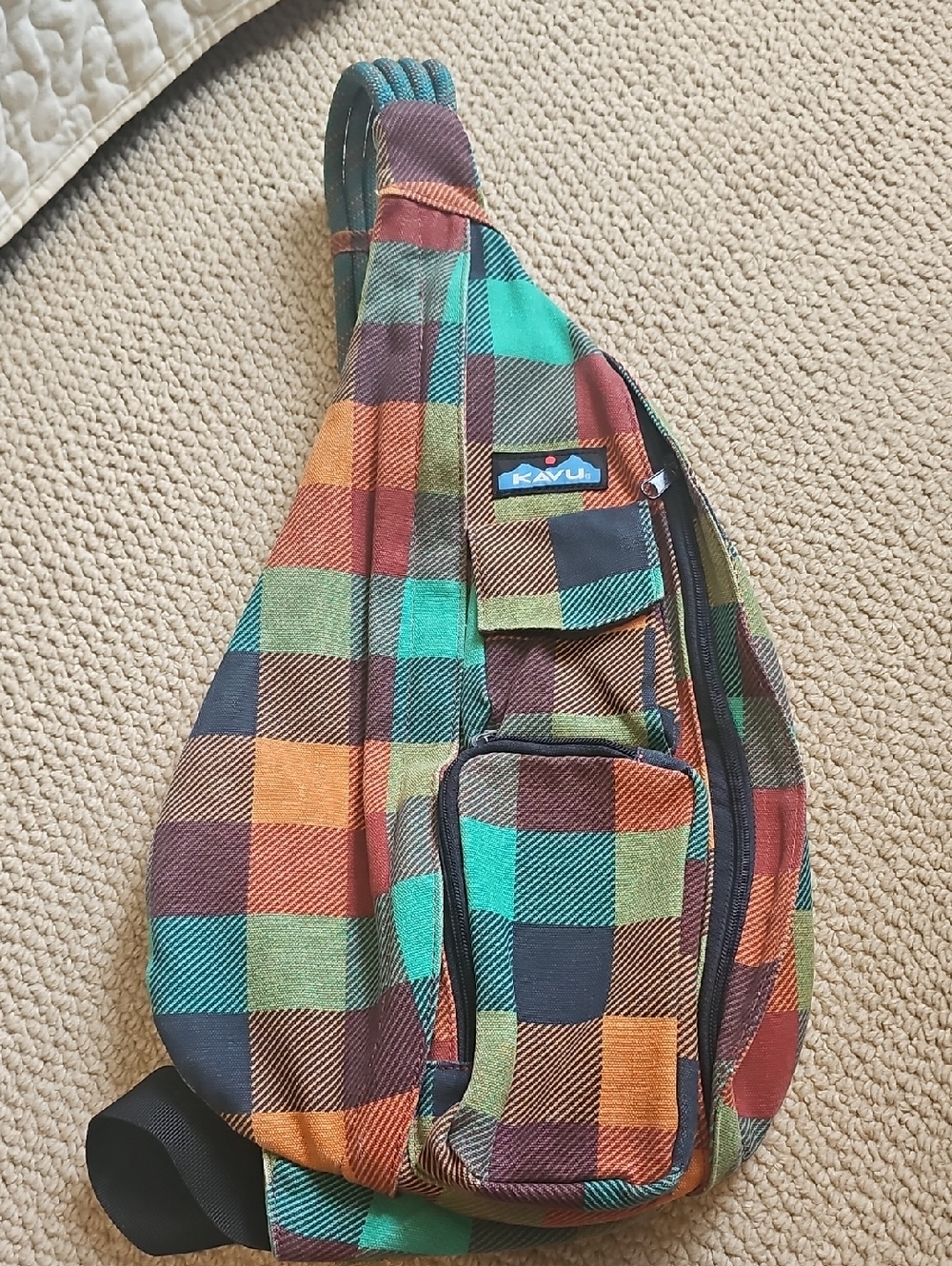 Kavu Plaid Rope Sling in Orange, Teal & Brown